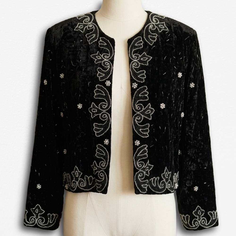 Axis Vintage Black Crushed Velvet Beaded Pearl Cropped Evening Bolero Jacket